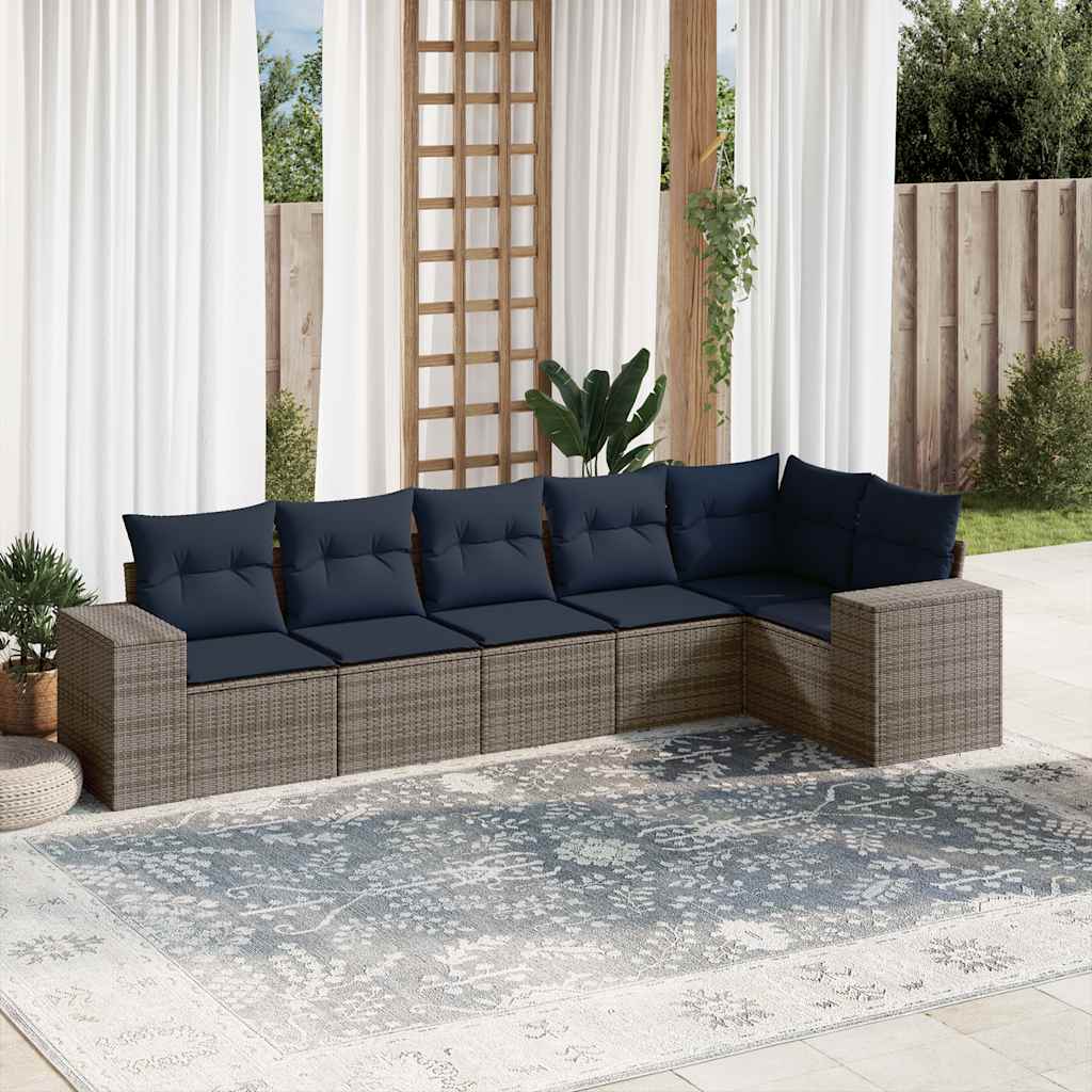 6-teiliges Gartensofa-Set mit Kissen, grau, Polyrattan