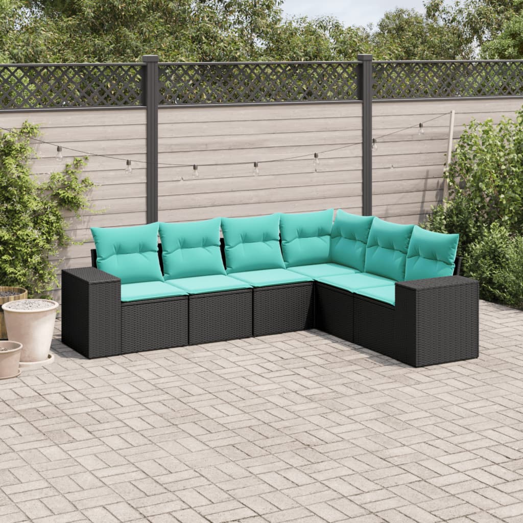 6-teiliges Gartensofa-Set mit Kissen, schwarzes Polyrattan