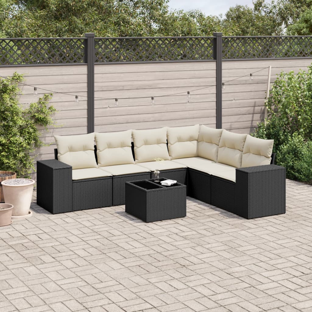 7-tlg. Garten-Sofagarnitur mit Kissen Schwarz Poly Rattan