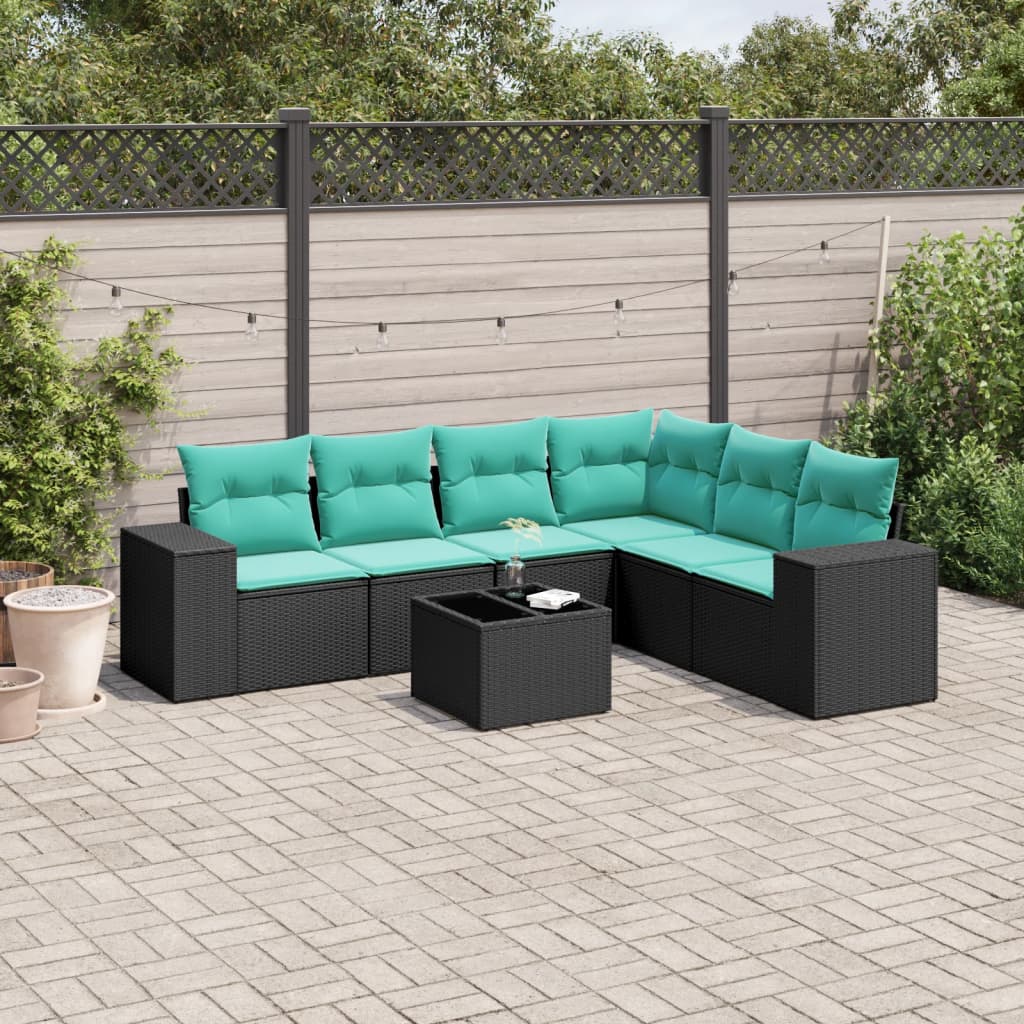 7-teiliges Gartensofa-Set mit Kissen, schwarzes Polyrattan