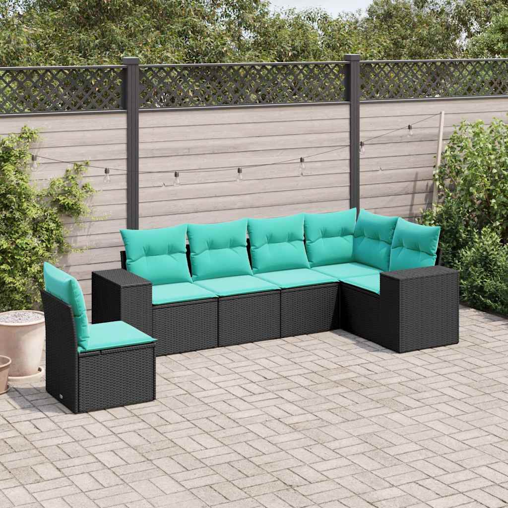 6-teiliges Gartensofa-Set mit Kissen, schwarzes Polyrattan