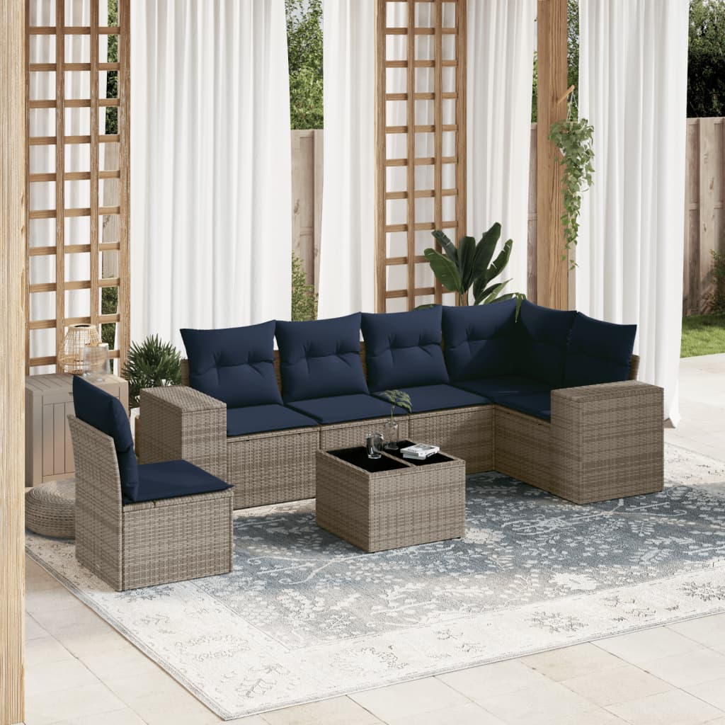 7-teiliges Gartensofa-Set mit Kissen, grau, Polyrattan