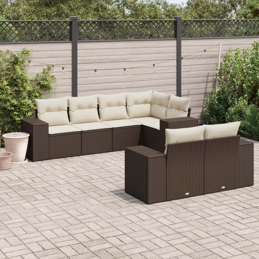 7-tlg. Garten-Sofagarnitur mit Kissen Braun Poly Rattan