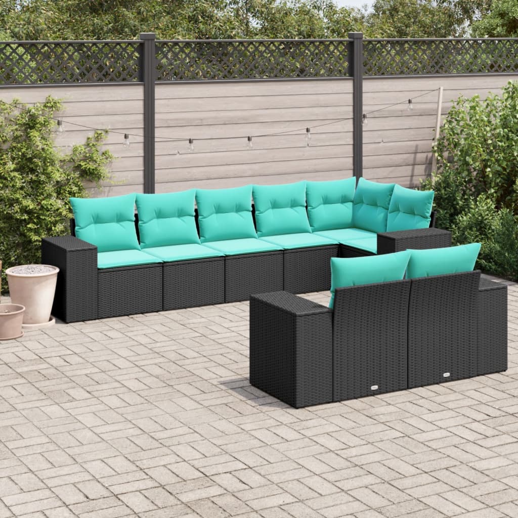 8-teiliges Gartensofa-Set mit Kissen, schwarzes Polyrattan