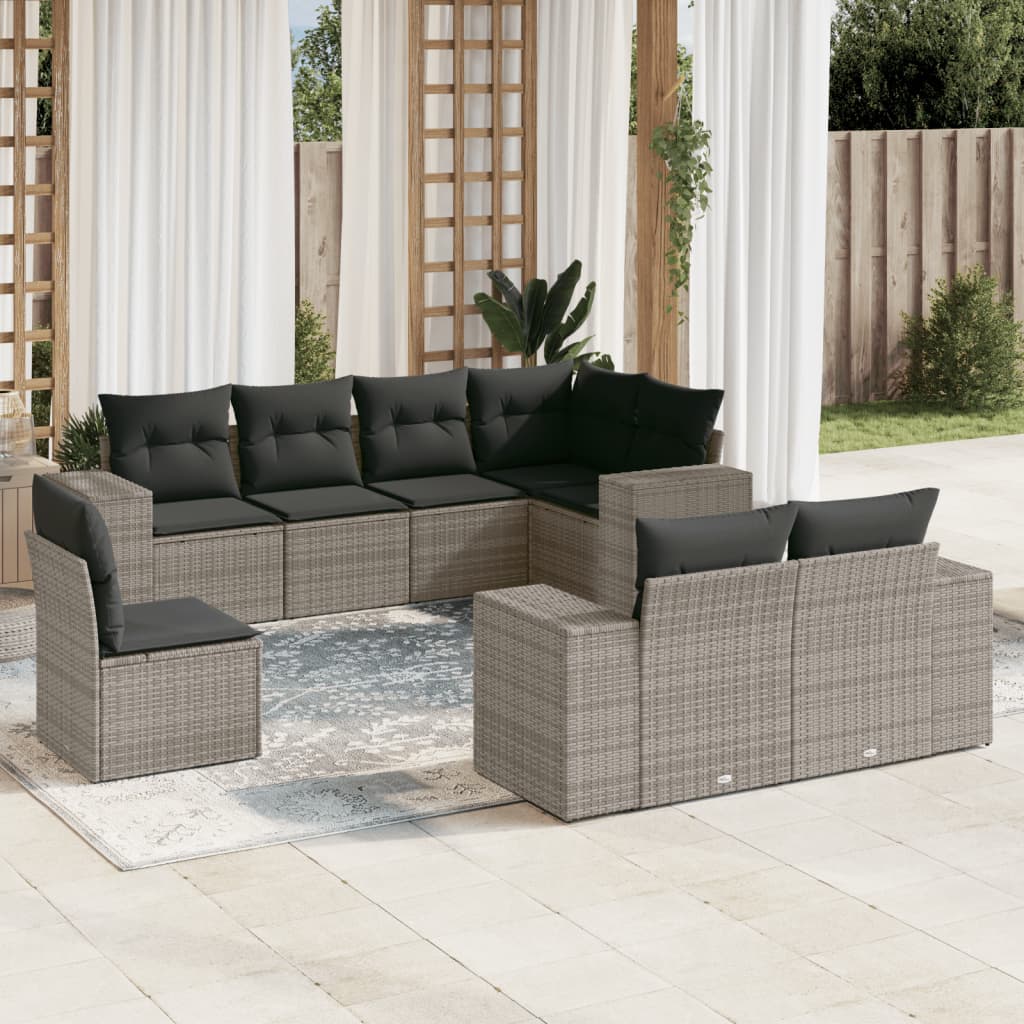 8-tlg. Garten-Sofagarnitur mit Kissen Grau Poly Rattan