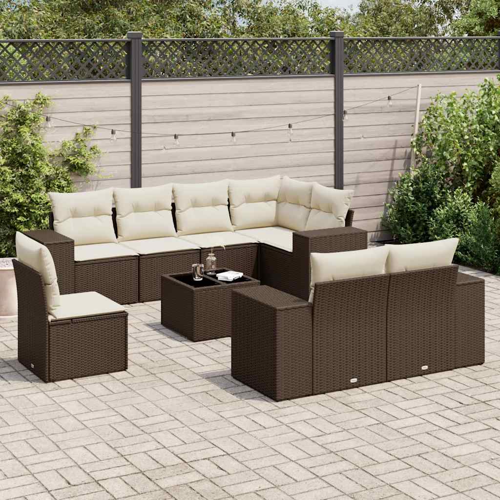 9-tlg. Garten-Sofagarnitur mit Kissen Braun Poly Rattan
