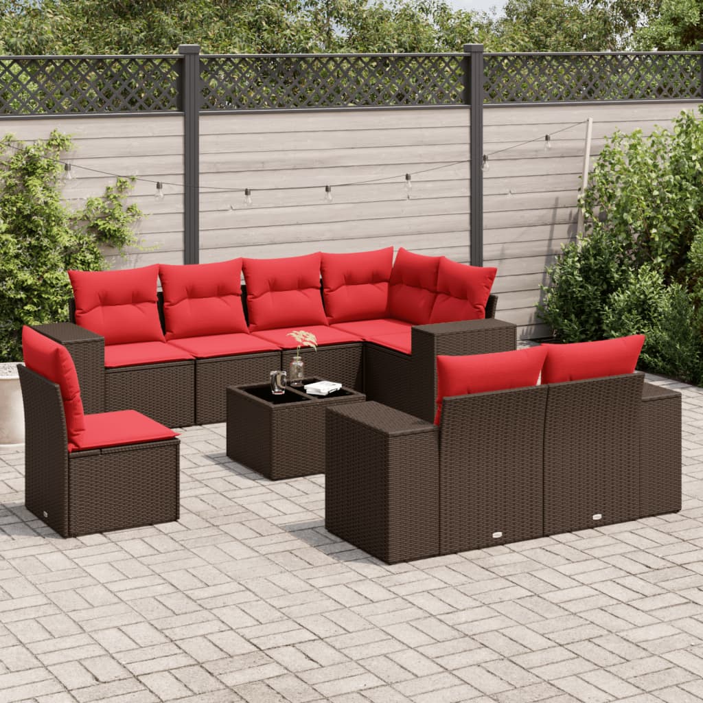 9-teiliges Gartensofa-Set mit Kissen, braun, Polyrattan