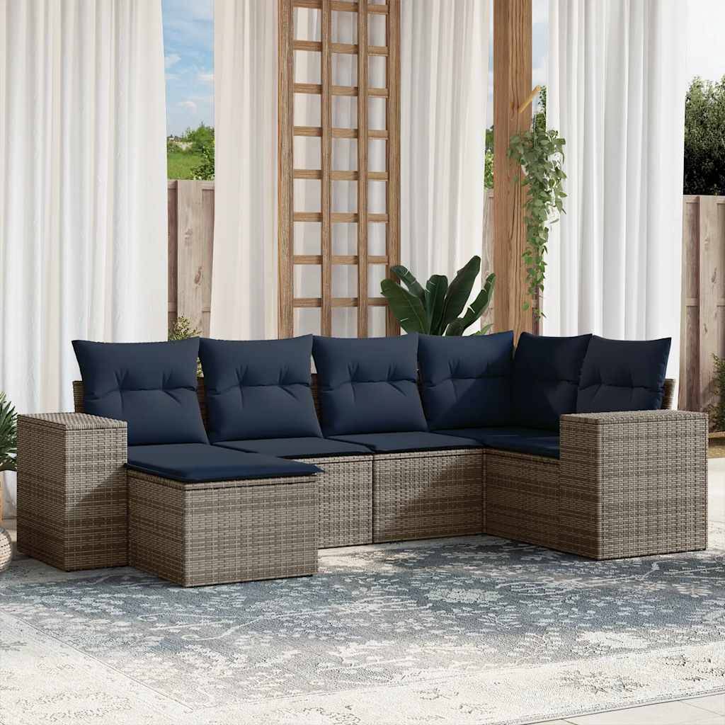 6-teiliges Gartensofa-Set mit Kissen, grau, Polyrattan
