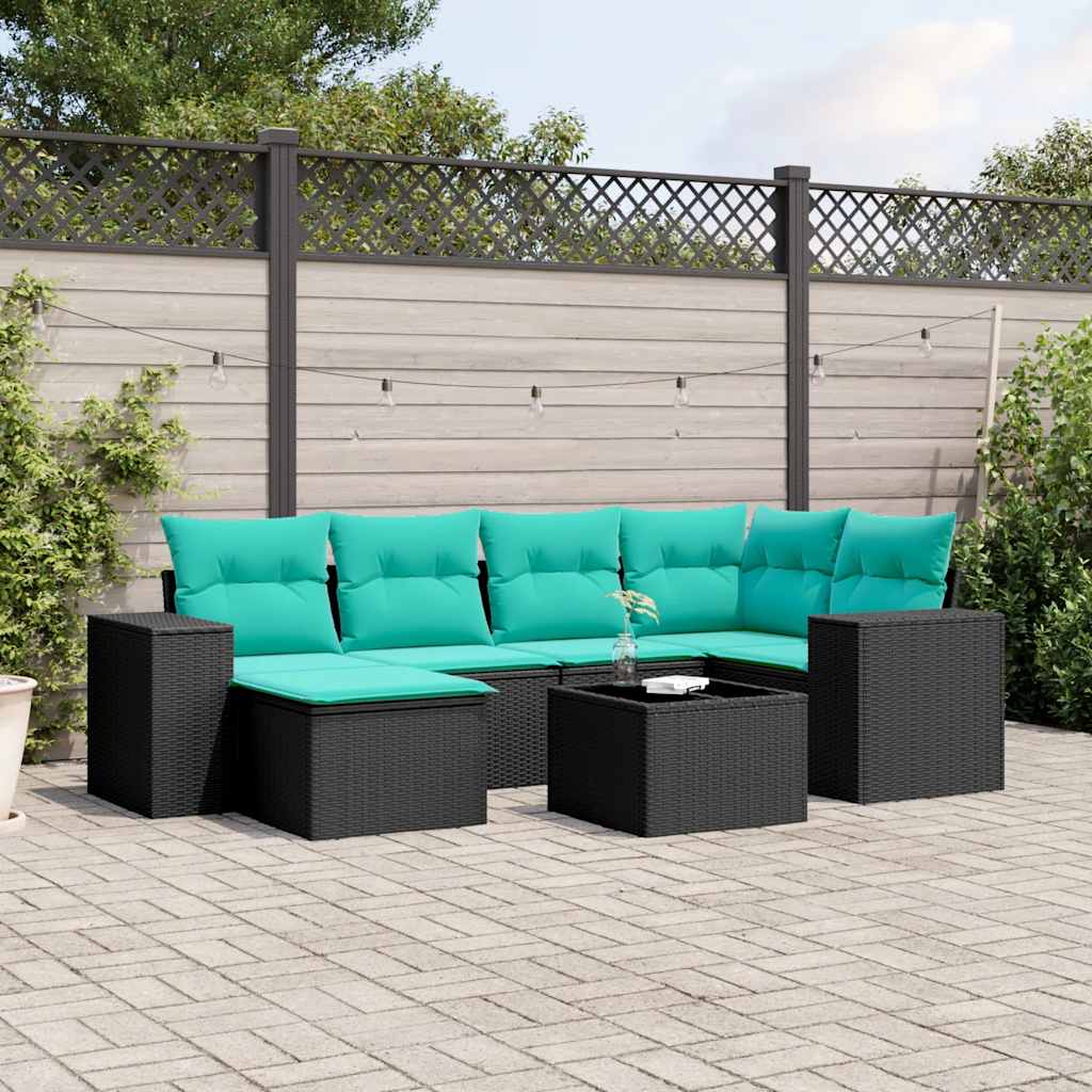 7-teiliges Gartensofa-Set mit Kissen, schwarzes Polyrattan