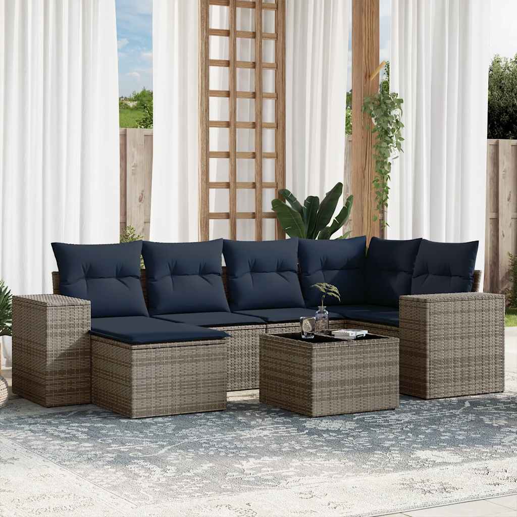 7-teiliges Gartensofa-Set mit Kissen, grau, Polyrattan