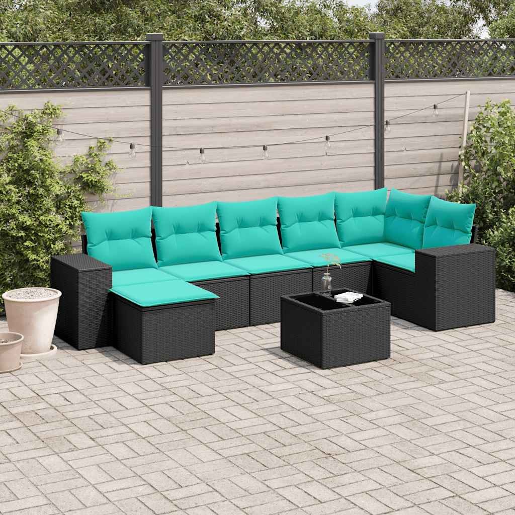 8-teiliges Gartensofa-Set mit Kissen, schwarzes Polyrattan