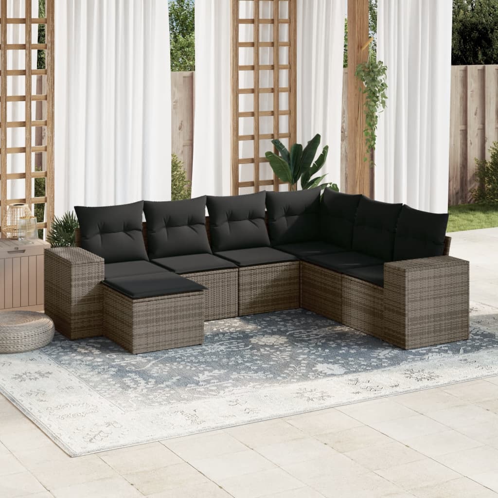 7-tlg. Garten-Sofagarnitur mit Kissen Grau Poly Rattan