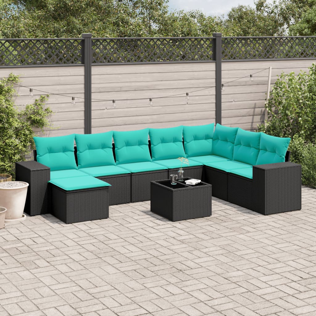 9-teiliges Gartensofa-Set mit Kissen, schwarzes Polyrattan