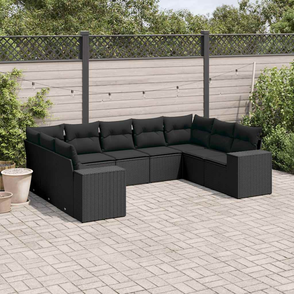 9-tlg. Garten-Sofagarnitur mit Kissen Schwarz Poly Rattan