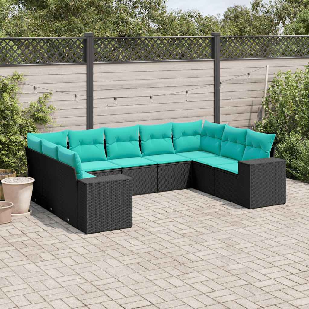 9-teiliges Gartensofa-Set mit Kissen, schwarzes Polyrattan