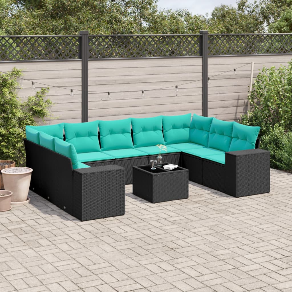 10-teiliges Gartensofa-Set mit Kissen, schwarzes Polyrattan