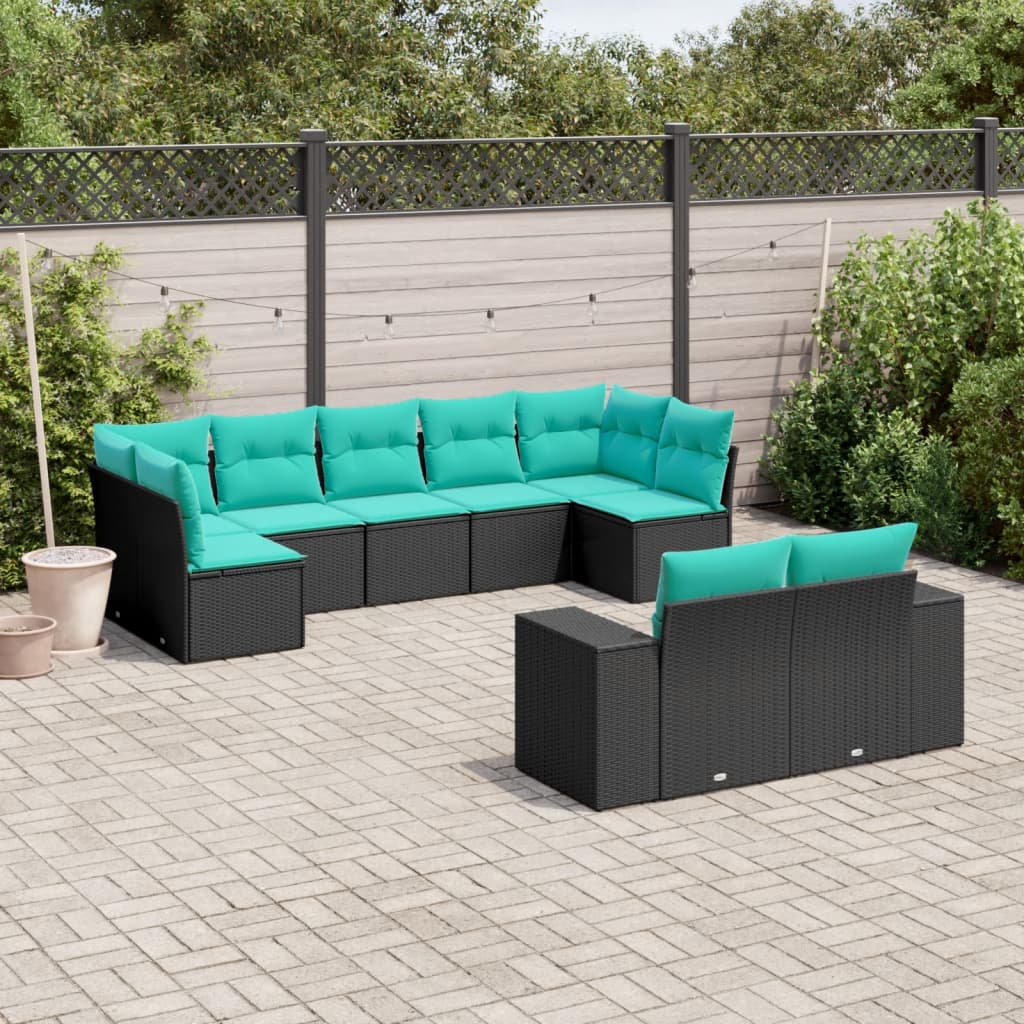 9-teiliges Gartensofa-Set mit Kissen, schwarzes Polyrattan