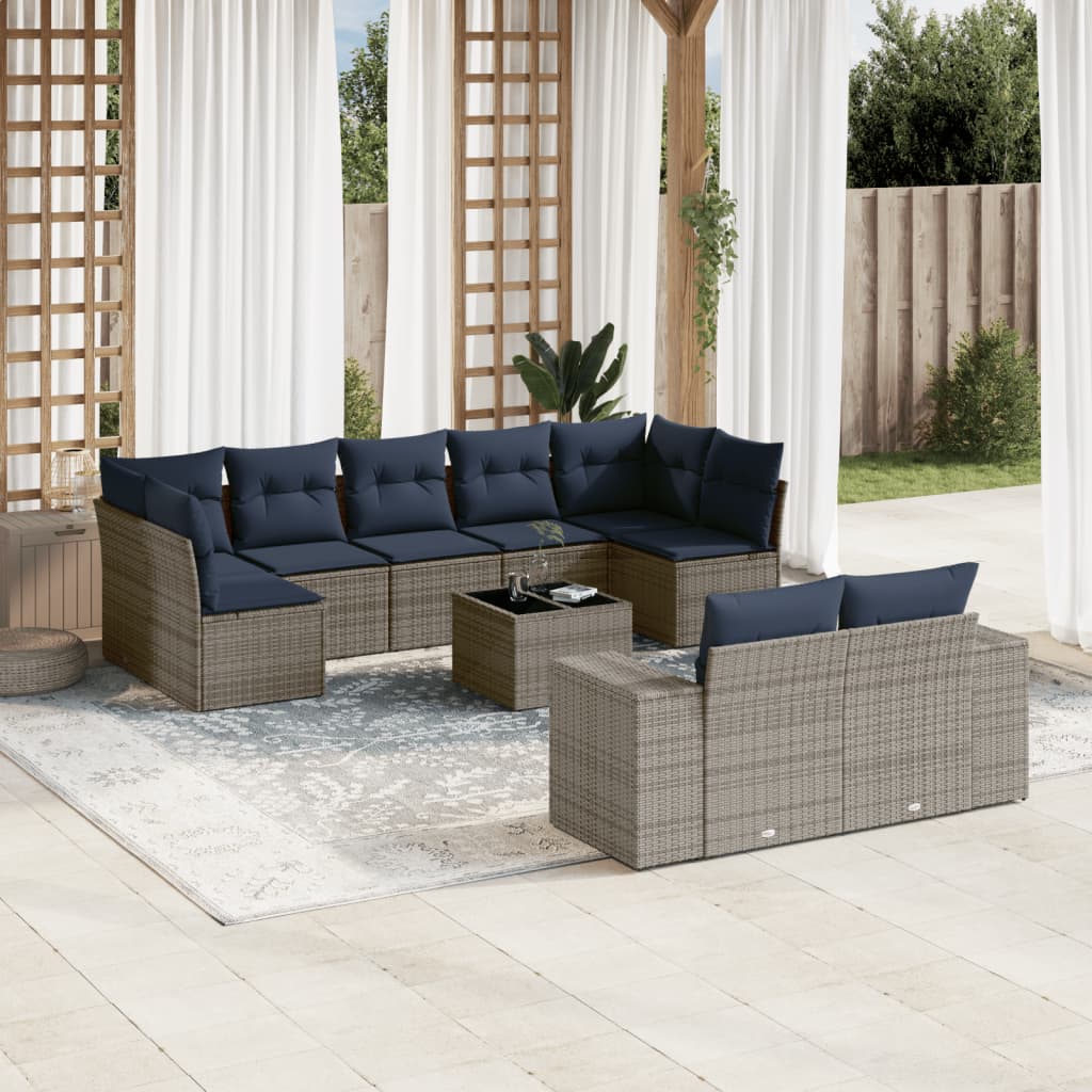 10-teiliges Gartensofa-Set mit Kissen, grau, Polyrattan