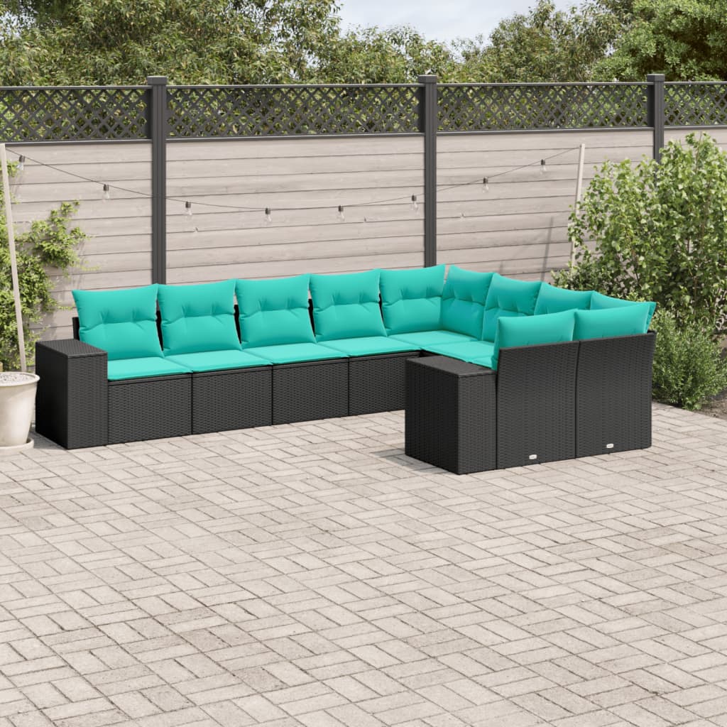 9-teiliges Gartensofa-Set mit Kissen, schwarzes Polyrattan