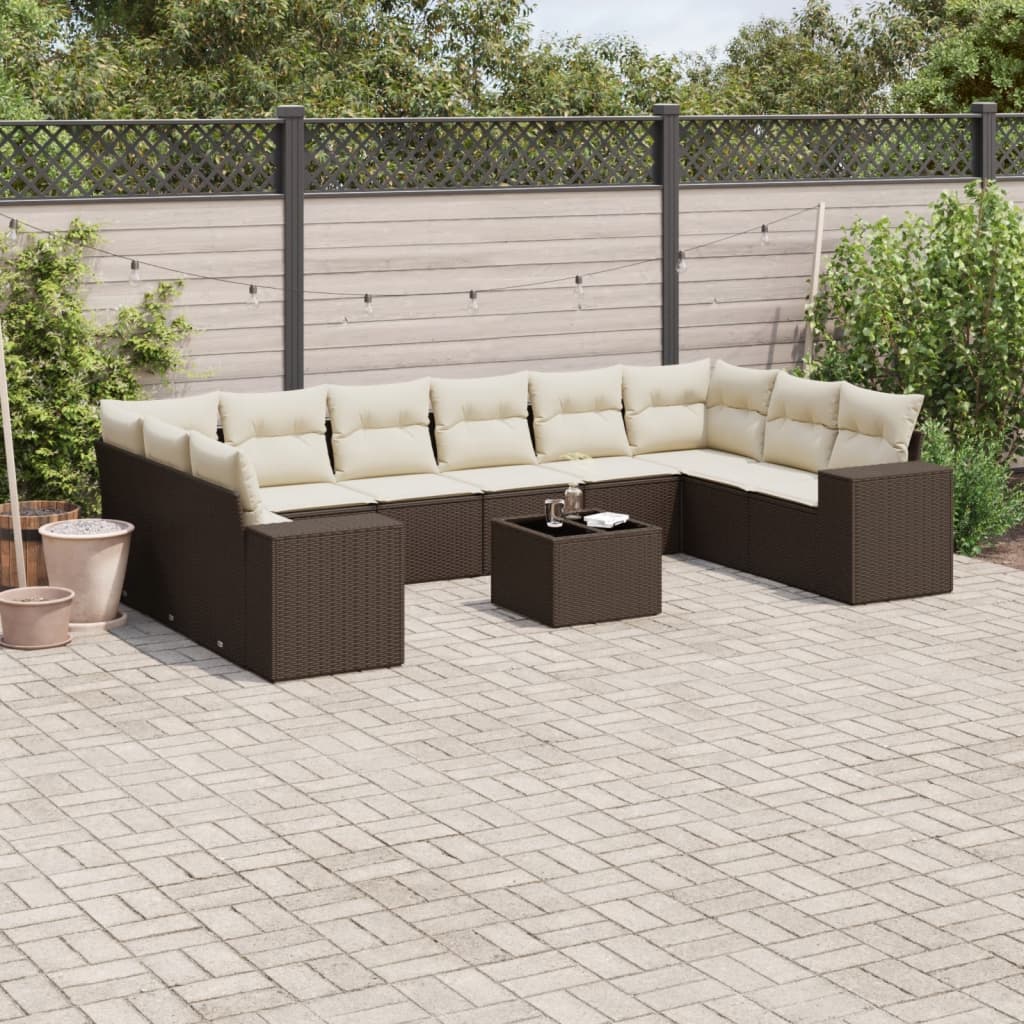 11-tlg. Garten-Sofagarnitur mit Kissen Braun Poly Rattan
