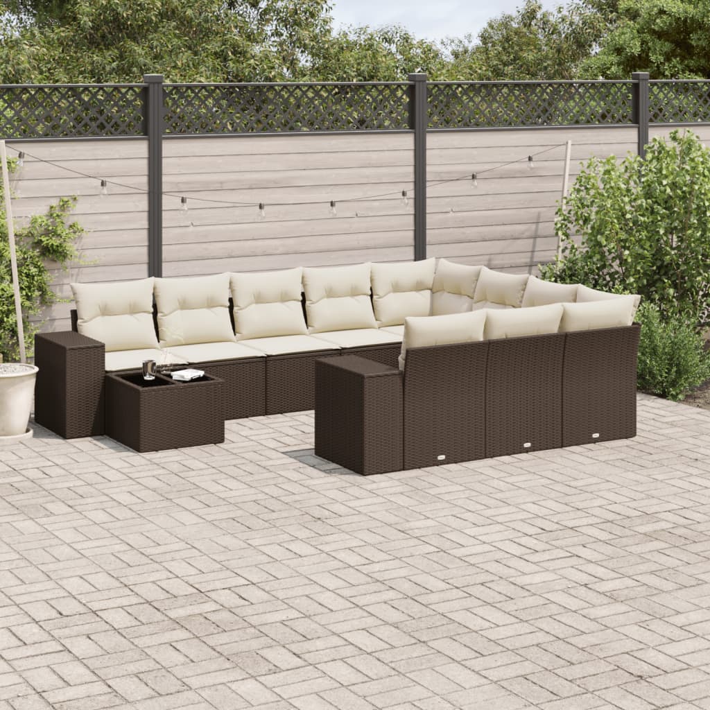 11-tlg. Garten-Sofagarnitur mit Kissen Braun Poly Rattan
