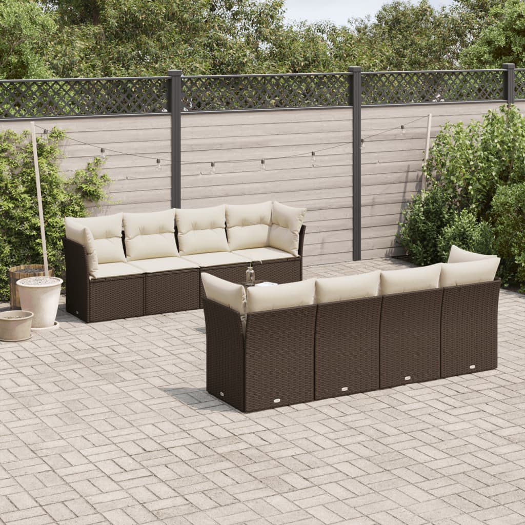 9-tlg. Garten-Sofagarnitur mit Kissen Braun Poly Rattan
