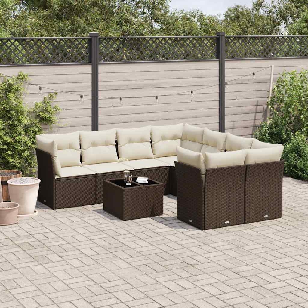 9-tlg. Garten-Sofagarnitur mit Kissen Braun Poly Rattan