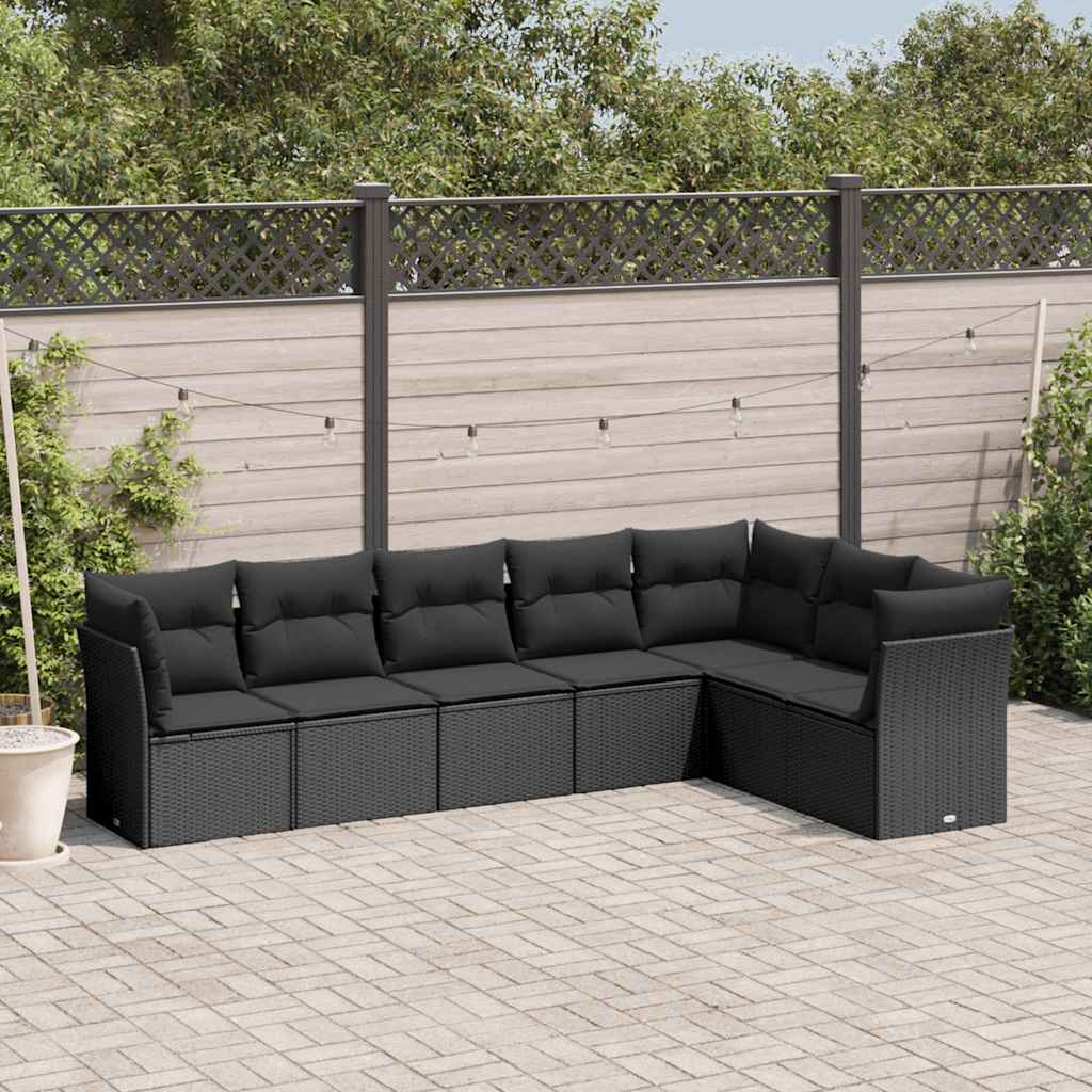 7-tlg. Garten-Sofagarnitur mit Kissen Schwarz Poly Rattan