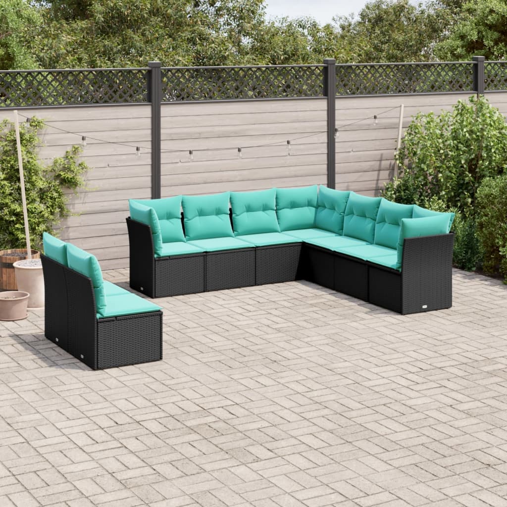 9-teiliges Gartensofa-Set mit Kissen, schwarzes Polyrattan