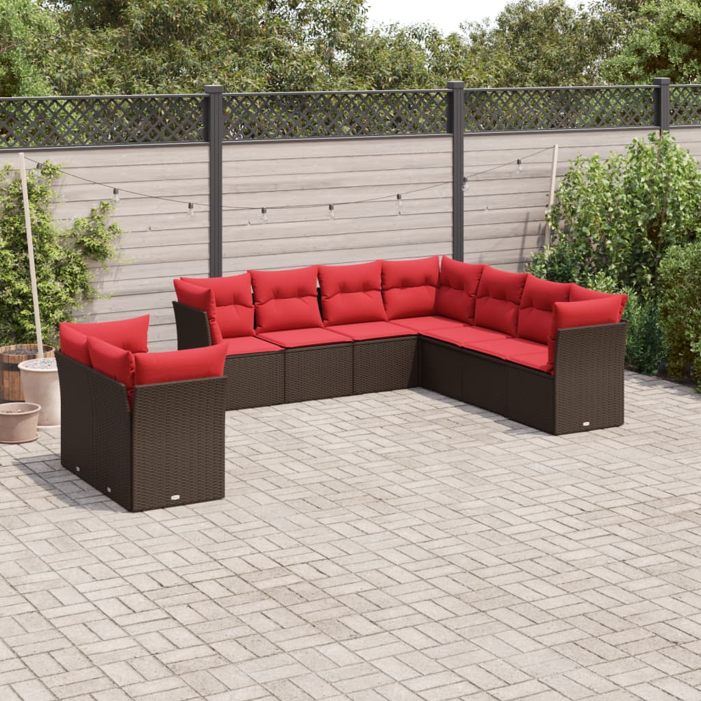 9-teiliges Gartensofa-Set mit Kissen, braun, Polyrattan