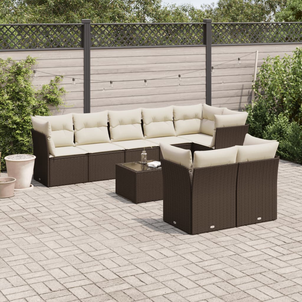 9-tlg. Garten-Sofagarnitur mit Kissen Braun Poly Rattan