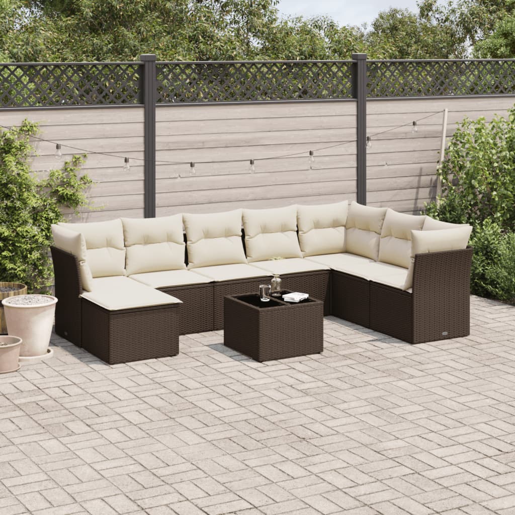 9-tlg. Garten-Sofagarnitur mit Kissen Braun Poly Rattan