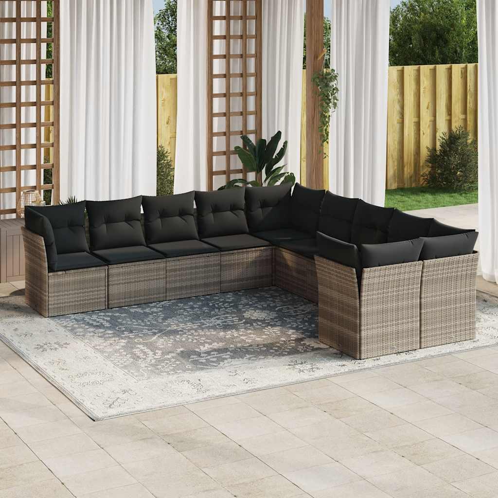 10-tlg. Garten-Sofagarnitur mit Kissen Hellgrau Poly Rattan