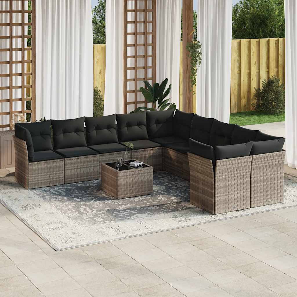 11-tlg. Garten-Sofagarnitur mit Kissen Hellgrau Poly Rattan