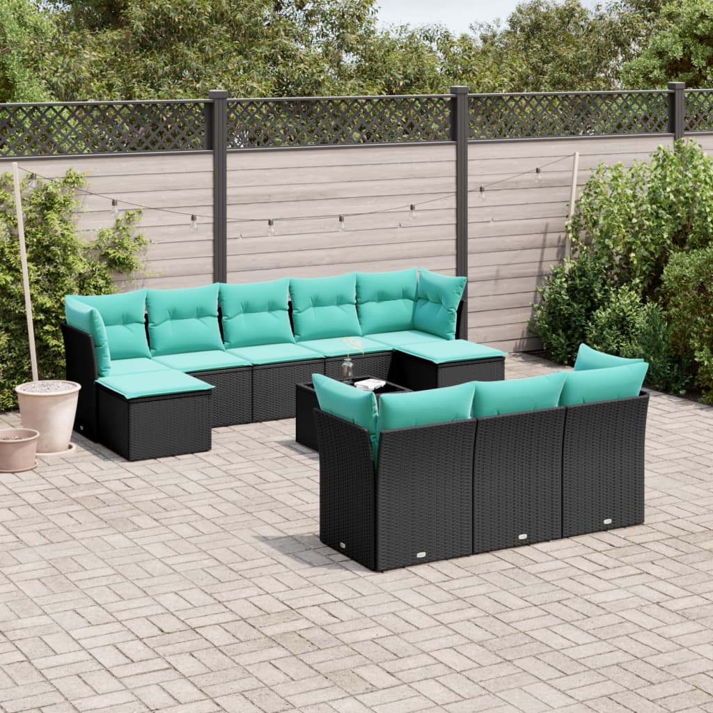 11-teiliges Gartensofa-Set mit Kissen, schwarzes Polyrattan