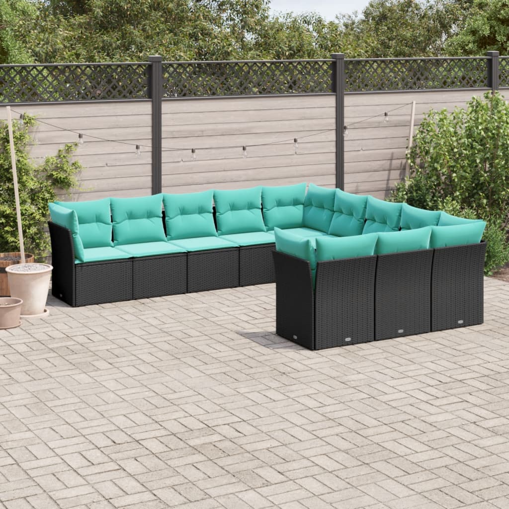 11-teiliges Gartensofa-Set mit Kissen, schwarzes Polyrattan
