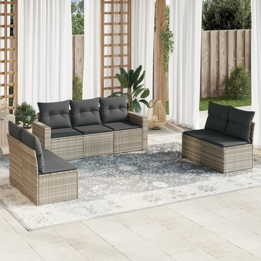 7-tlg. Garten-Sofagarnitur mit Kissen Hellgrau Poly Rattan