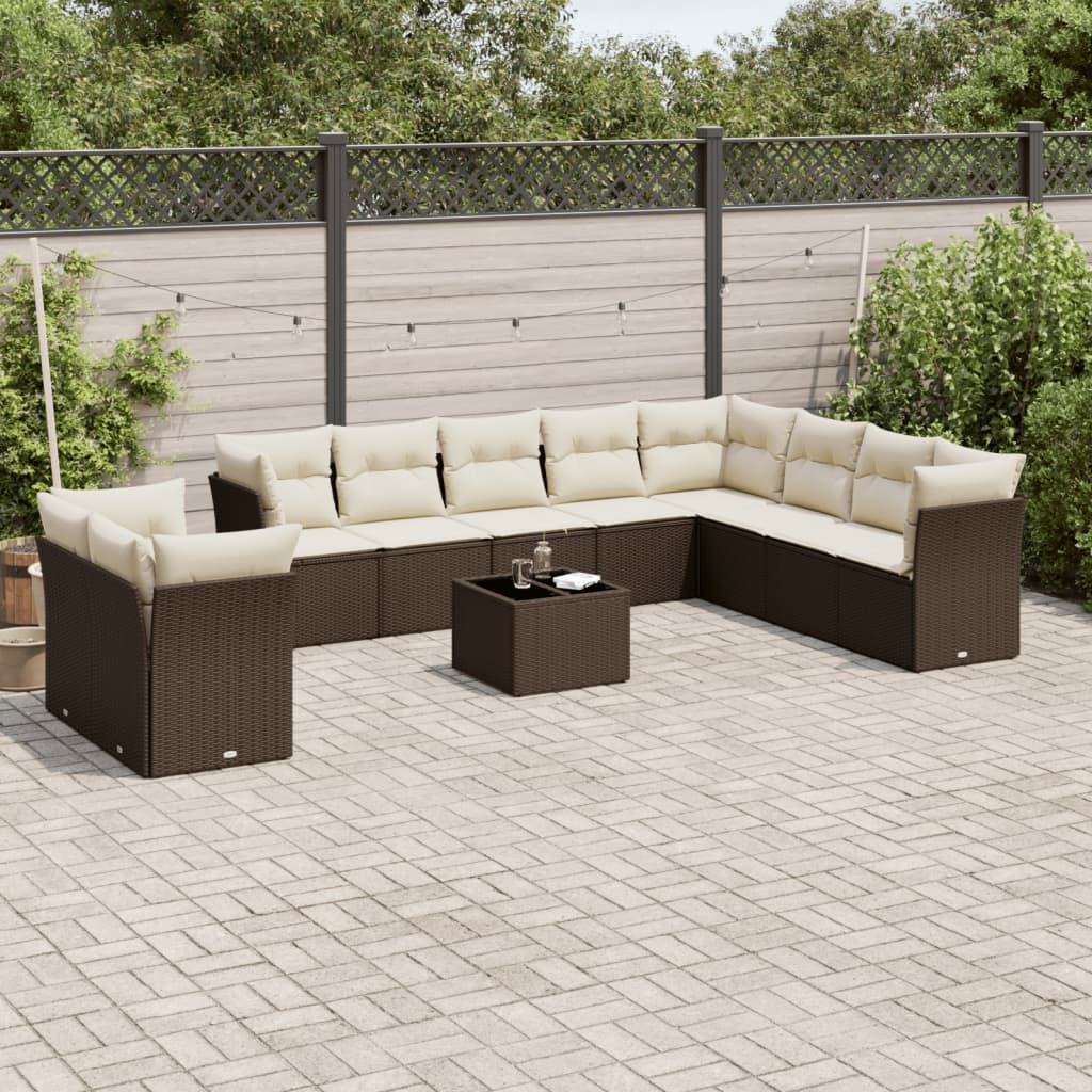 11-tlg. Garten-Sofagarnitur mit Kissen Braun Poly Rattan
