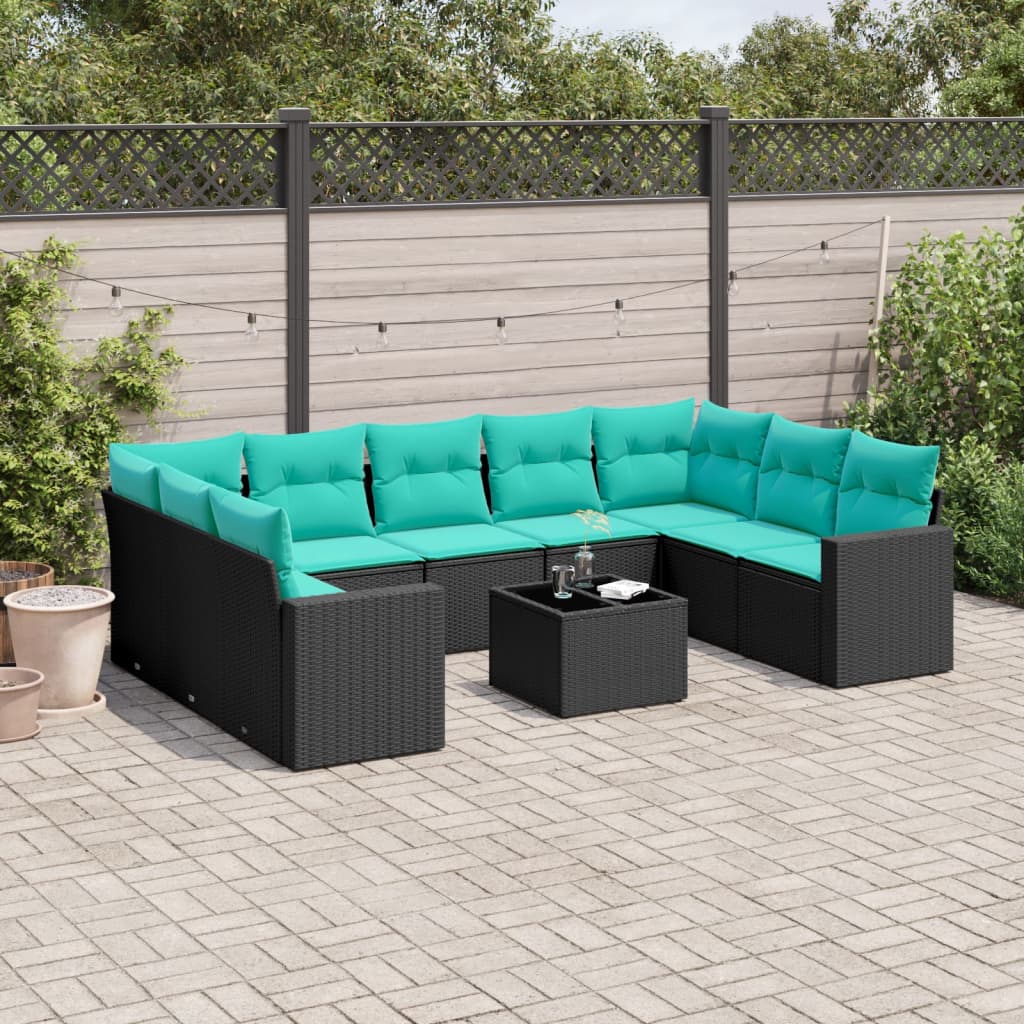 10-tlg. Garten-Sofagarnitur mit Kissen Schwarz Poly Rattan