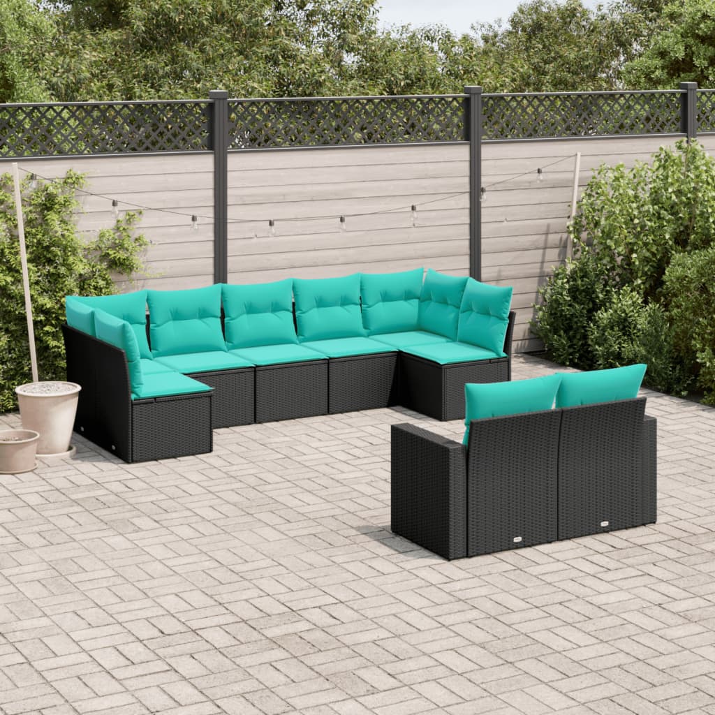 9-tlg. Garten-Sofagarnitur mit Kissen Schwarz Poly Rattan