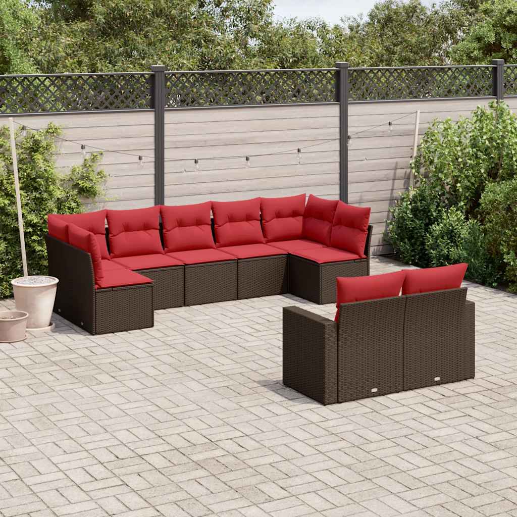 9-tlg. Garten-Sofagarnitur mit Kissen Braun Poly Rattan