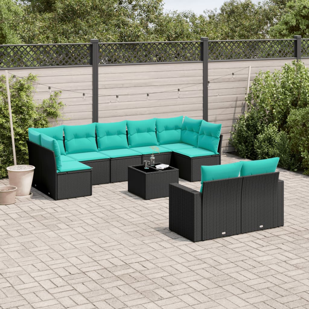 10-tlg. Garten-Sofagarnitur mit Kissen Schwarz Poly Rattan