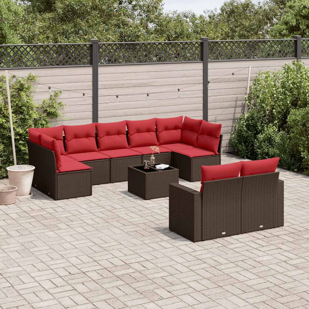 10-tlg. Garten-Sofagarnitur mit Kissen Braun Poly Rattan