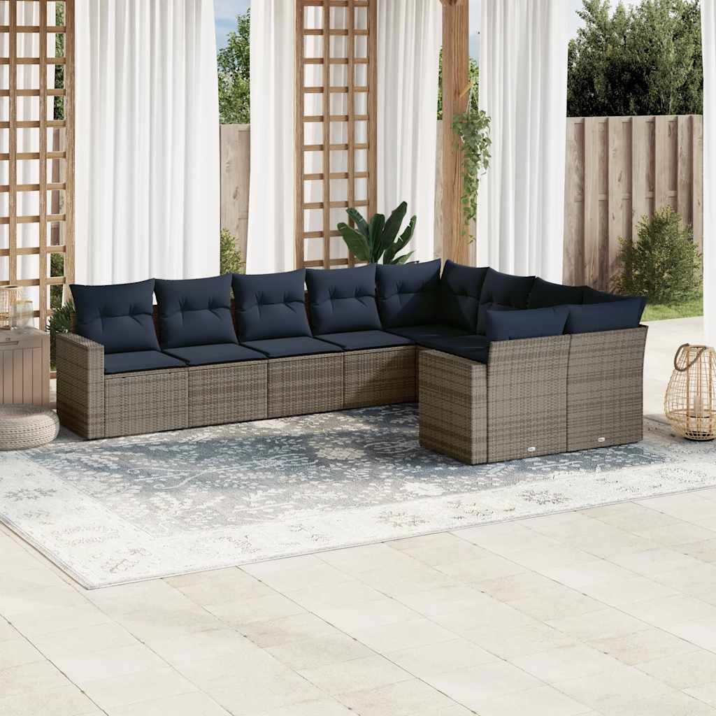 9-tlg. Garten-Sofagarnitur mit Kissen Grau Poly Rattan