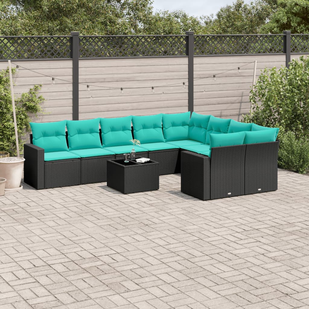 10-tlg. Garten-Sofagarnitur mit Kissen Schwarz Poly Rattan