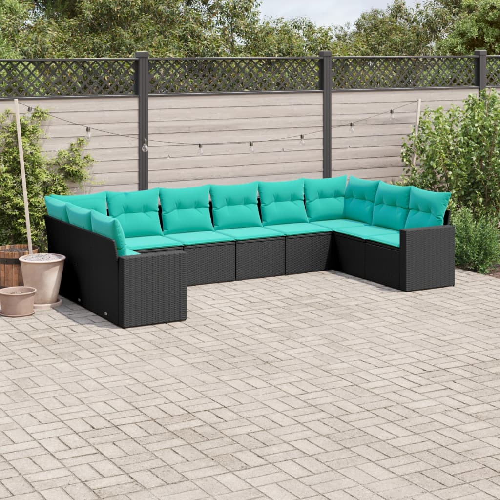 10-tlg. Garten-Sofagarnitur mit Kissen Schwarz Poly Rattan