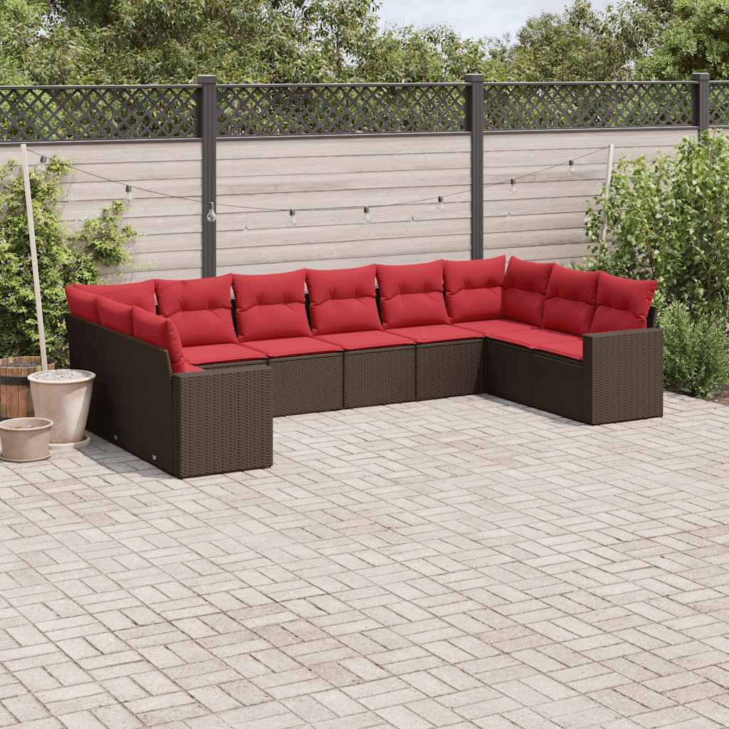 10-tlg. Garten-Sofagarnitur mit Kissen Braun Poly Rattan