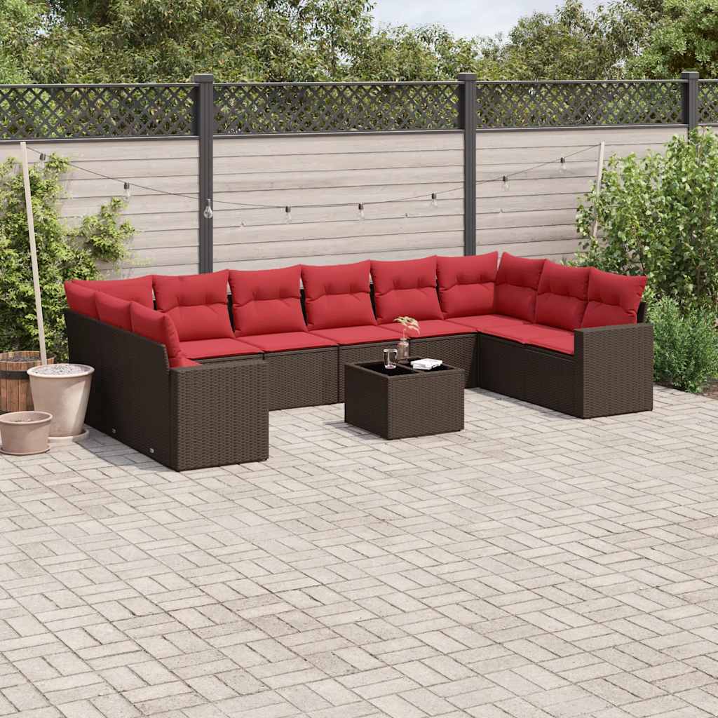 11-tlg. Garten-Sofagarnitur mit Kissen Braun Poly Rattan