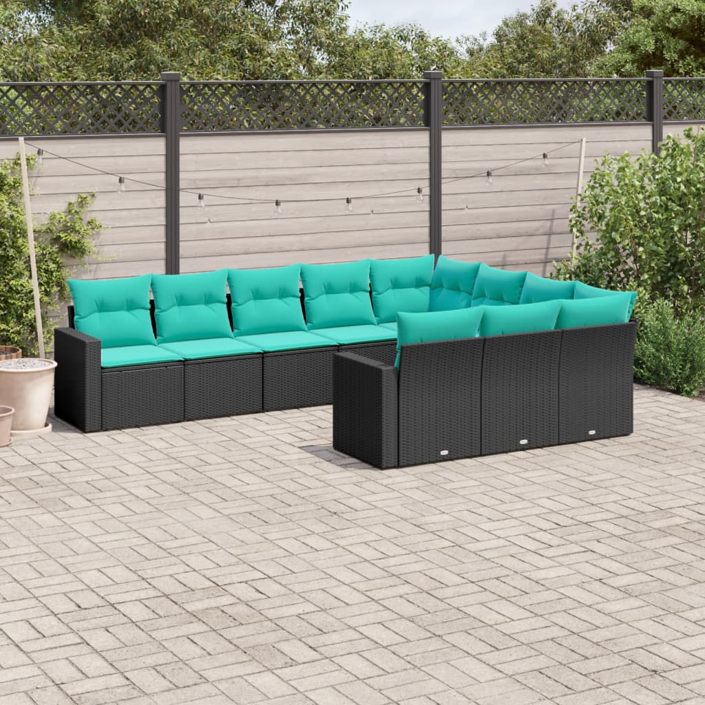 10-tlg. Garten-Sofagarnitur mit Kissen Schwarz Poly Rattan