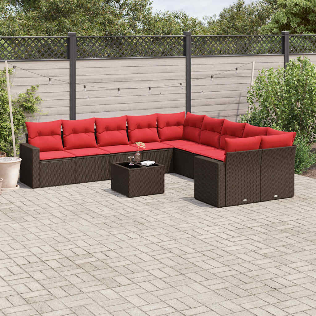 11-tlg. Garten-Sofagarnitur mit Kissen Braun Poly Rattan